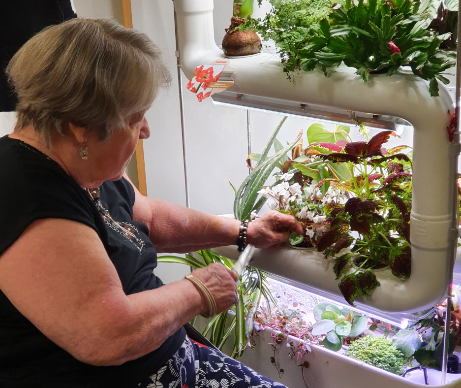 an older woman taking care of plants
