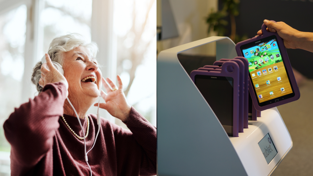 on the left old woman with headphones and on the right Hublet Tablets